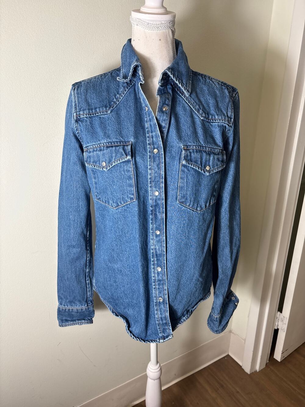 SPRWMN Blue Long Sleeve Denim Snap Front Closure Sz S